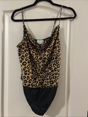 Cowl Neck Leopard Print Bodysuit - Black & Tan